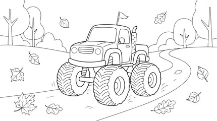 Cute Cartoon Monster Truck Driving on Autumn Trail Coloring Page for Kids Line Art Vector Illustration © Charmingly Image