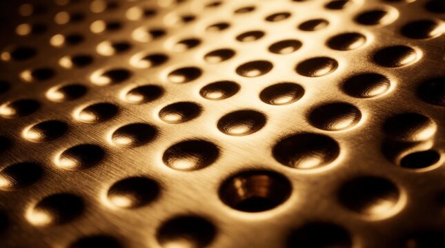 Macro closeup of golden metallic surface with circular dimpled pattern. Shiny bronze metal plate features repeating embossed holes, textured design. Warm ambient light creates shadows on geometric