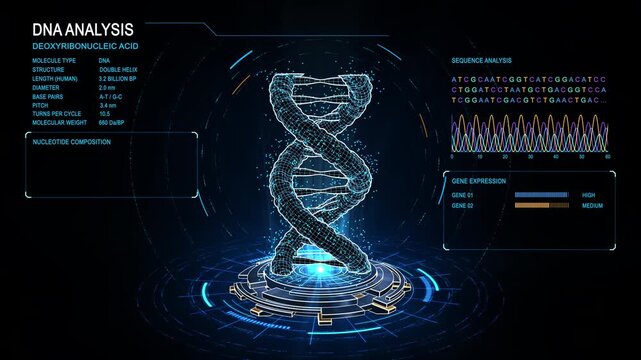 Futuristic 3D DNA analysis interface featuring a glowing double helix, genome sequencing, nucleotide composition, gene expression and genomic data visualization.