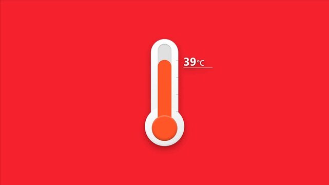 Minimalist 3D Thermometer Rising Temperature Animation Loop on Solid Red Background, Global Warming, Climate Change, Heat Increase, Temperature Gauge, Hot Weather