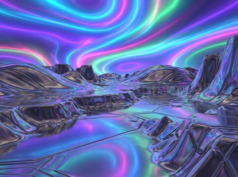 Abstract Aurora Borealis Over Alien Landscape.
