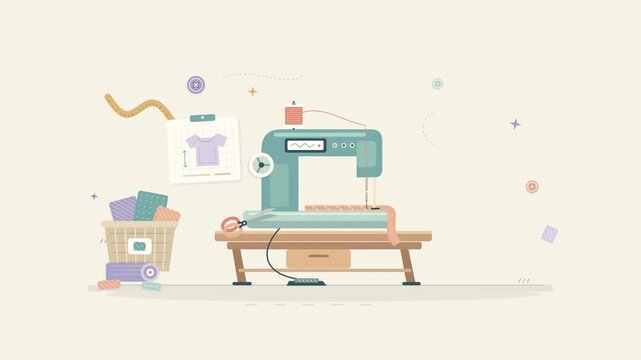 Flat vector illustration of a creative sewing workspace with sewing machine, fabric basket, and tailor pattern design