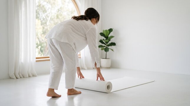 Woman in white pajamas unrolling a yoga mat on the floor in a bright room