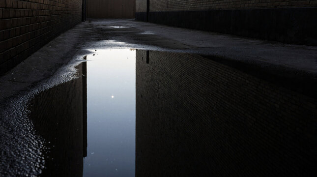 Dark puddle in a narrow city alley reflecting a clear sky between brick walls