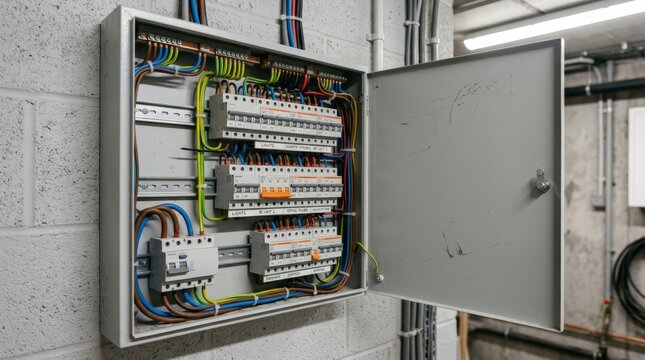 A close up shot of an open industrial fuse box mounted on a concrete wall, revealing intricate wiring, circuit breakers, and copper busbars inside the metal electrical cabinet