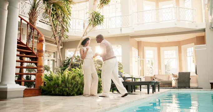 Travel, happy and couple at poolside with dance, vacation fun and groove together on summer holiday. Flare, rhythm and mature people with good time, romantic getaway and playful bonding at hotel.