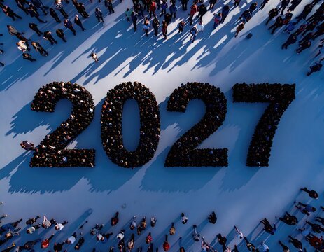 Human crowd forming a text 2027 on white background. Horizontal composition with copy space 