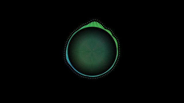 Glowing green blue circular audio spectrum visualization waveform rhythmic pulses digital beats.