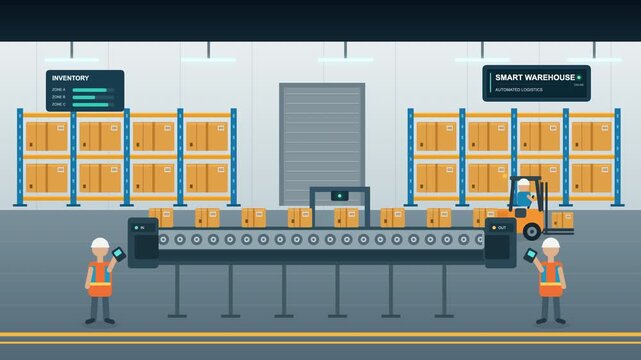 Modern smart warehouse vector illustration showing automated conveyor belt, workers scanning packages, forklift, and goods on shelves