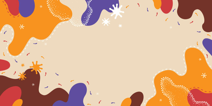 Abstract autumn fluid shapes background. Colorful liquid organic blobs banner with dots, stars and wavy dashed lines. Modern fall vector illustration for web design, banners, posters or flyers.