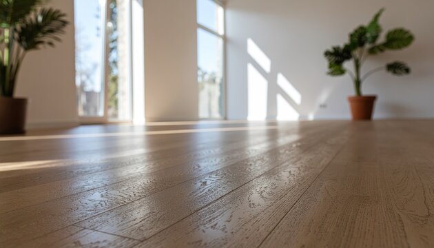  empty room with natural light, plants, and wooden floor 