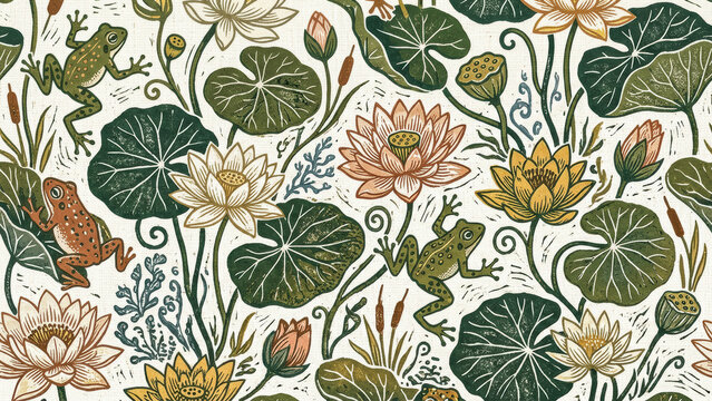 Seamless vintage pattern design featuring frogs, water lilies and lotus flowers with lily pads in rustic block print style for fabric.

