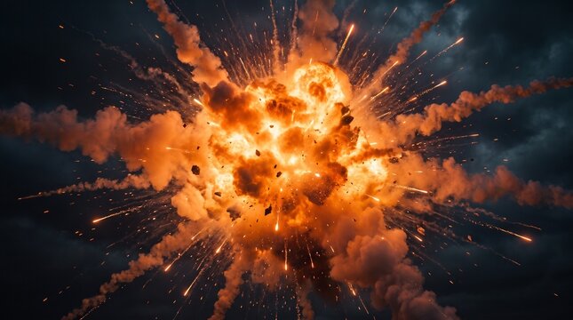 Dramatic Explosion with Fiery Debris and Smoke.