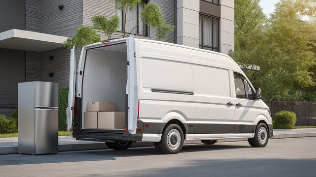 Delivery of large household appliances,White cargo van with open doors during a home move, generative AI