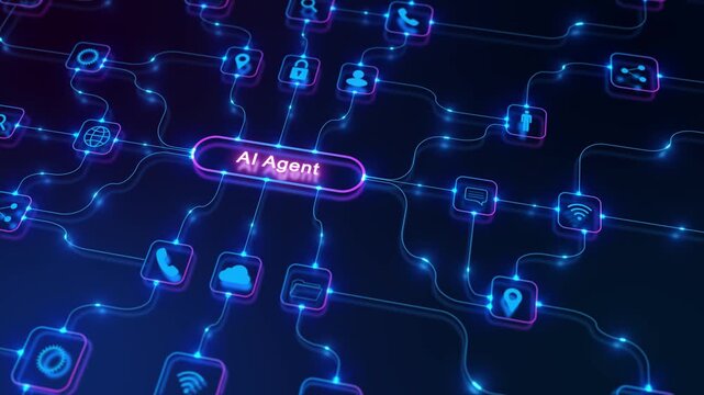 Central AI Agent title links to service icons curved lines interface. agentic workflow for software explainers, enterprise automation, intelligent assistants, applications, business productivity. 3D