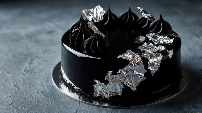 Gothic black cake decorated with edible silver leaf on grey slate background. Dark chocolate dessert with shiny glaze, cream swirls. Luxury sweet pastry for moody birthday party elegant celebration.