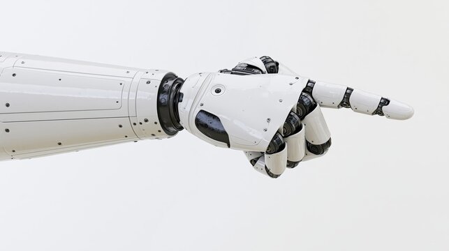 Robotic arm with extended index finger pointing against white background
