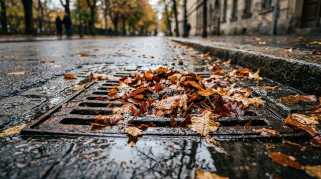 A close up captures a fallen leaves gutter on a wet city street during autumn, with water puddles reflecting the overcast sky and trees lining the background, evoking a melancholic mood
