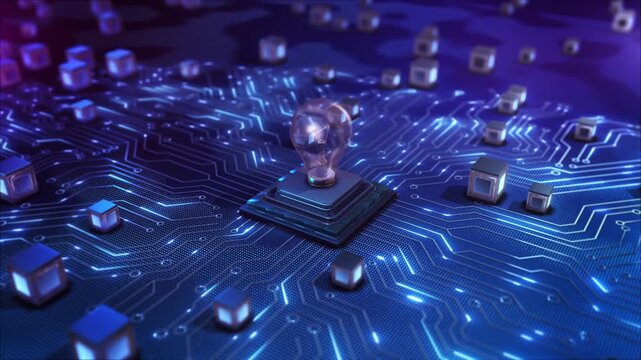 A transparent bulb stands chip amid glowing circuit tracks illuminated cubes blue conceptual technology for invention, engineering research, creative thinking, digital development, innovation branding