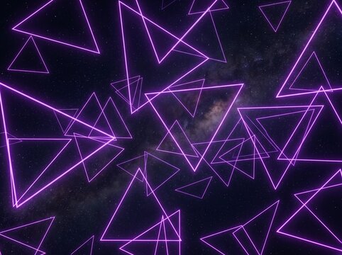 Abstract Neon Purple Triangles Glowing in Dark Space Background.