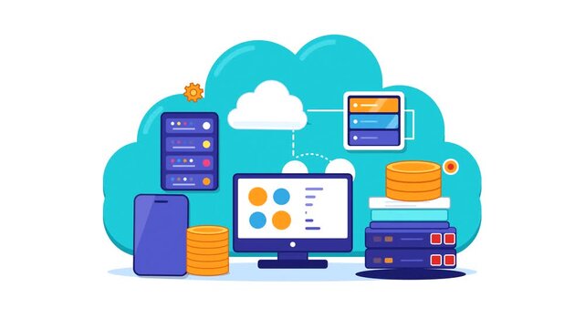 Flat vector illustration of cloud computing technology with servers database and financial data icons
