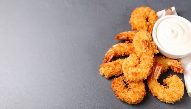 Fried shrimp with panko crust. Dark grey background. Copy space. Top view 