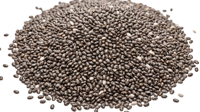 Raw chia seeds heap isolated on white, healthy superfood ingredient for vegan diet, organic black and grey chia seeds for wellness
