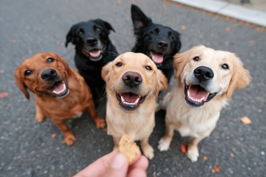Smiling pack of eager dogs sitting for a treat outdoors for social media and pet training banner