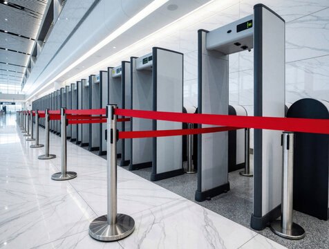 Row of metal detectors blocked by red barrier tape in modern airport terminal. Security checkpoint closed at transport hub. Scanner machines stand inactive on polished marble floor near white wall.