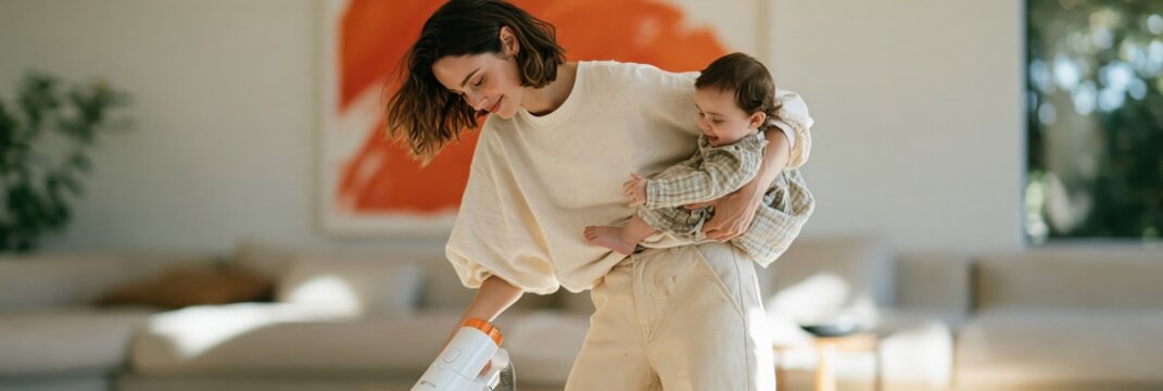 Young mother cleaning living room with cordless vacuum while carrying baby for family cleaning routine and home lifestyle background banner