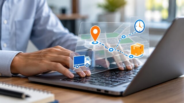 Professional managing global logistics and delivery supply chain operations using digital laptop computer software technology interface