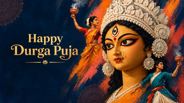 Artistic goddess face portrait featuring devotees performing traditional dhunuchi dance for happy durga puja and navratri indian religious festival greeting design illustration