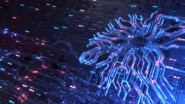 Processor board luminous circuit branches, circular terminals, numbers. Digital hardware visualization, electronic infrastructure, network architecture, computational analysis, technology explainers