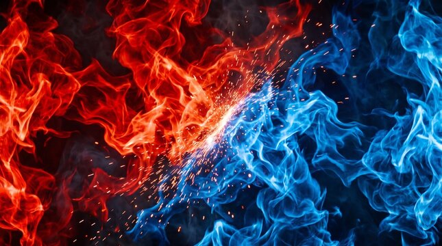 Abstract fiery background with red and blue flames colliding.
