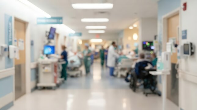 view of a busy hospital hallway featuring doctors, nurses, and patients, capturing the fast-paced and professional atmosphere of a medical facility.