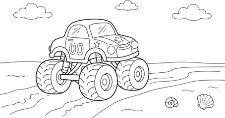 Cute Cartoon Monster Truck Driving on Sandy Beach Track Coloring Page for Kids Line Art Vector Illustration © Charmingly Image