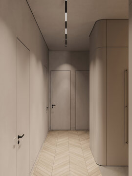 Minimalist apartment hallway with warm beige walls, concealed doors and herringbone wood flooring, creating a clean modern interior with soft architectural lighting.