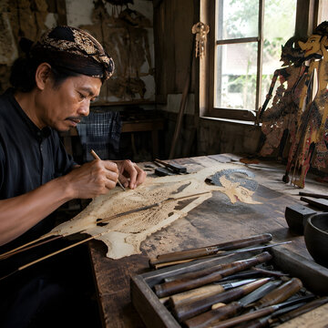 Traditional Indonesian Wayang Kulit Puppet Making in a Craft Workshop