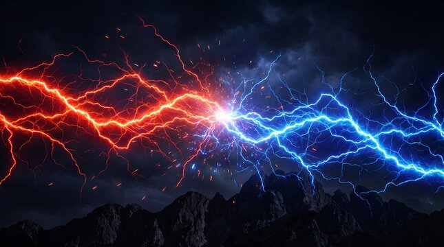 Powerful Electric Lightning Storm Clash Red Blue Energy.