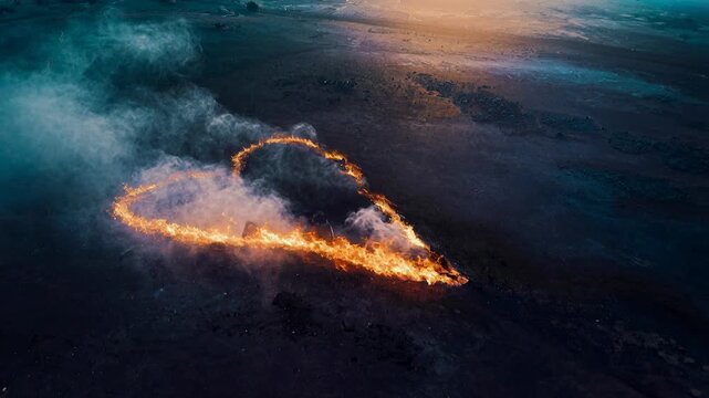 Heart shape on fire with smoke, aerial view of burning landscape, symbolizing passion or destruction