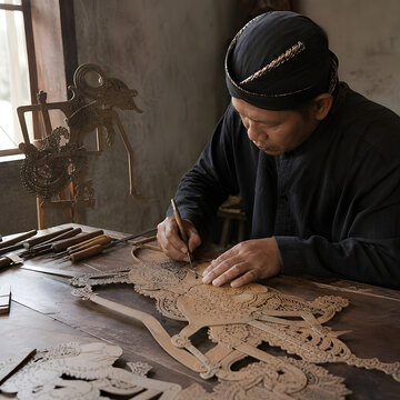 Indonesian Artisan Handcrafting a Traditional Wayang Kulit Shadow Puppet