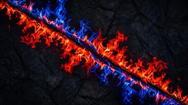 Fiery volcanic eruption with blue and red flames in darkness.