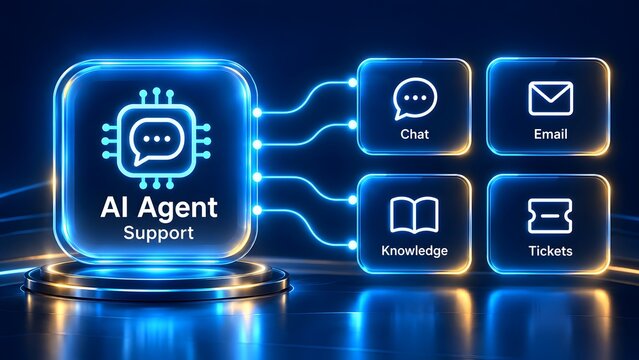 Futuristic digital dashboard featuring artificial intelligence agent support system with chat email knowledge base and ticketing interface