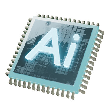 3d render of chip for ai with glowing blue text 