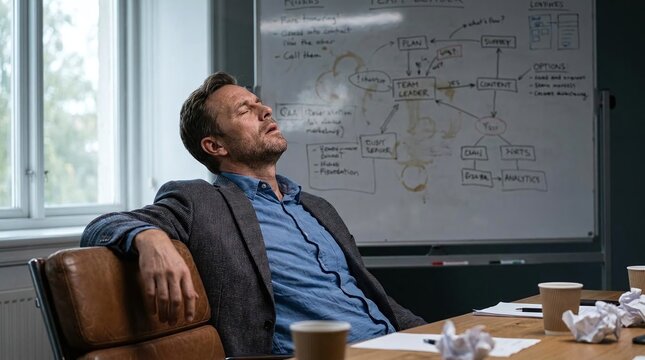 Exhaustion in the Boardroom: A businessman slumps in his chair, eyes closed, at a cluttered conference table, with a complex diagram on the whiteboard behind him suggesting a challenging project.