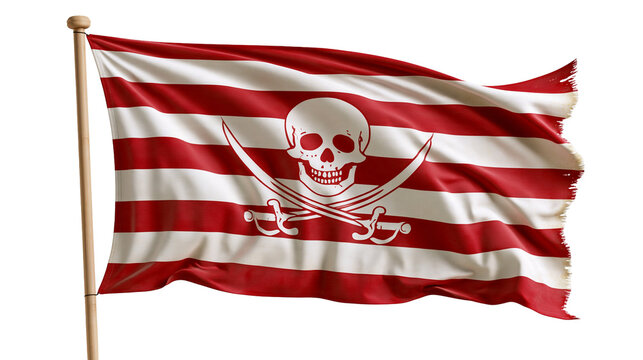 Red and white striped pirate flag with skull and crossed swords on wooden pole
