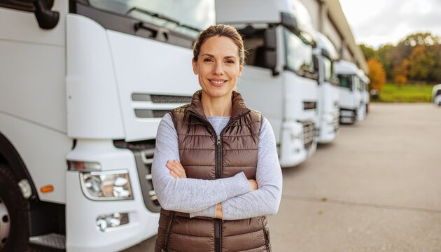 Female truck driver standing confident with crossed arms in front of fleet trucks at storage warehouse