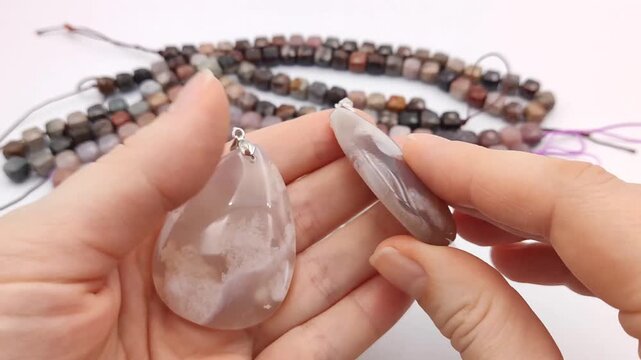 Assortment of polished natural gemstone pendants featuring unique mineral patterns arranged next to colorful faceted cube bead strands on a clean surface
