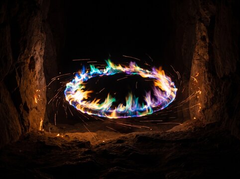 Fiery Ring of Rainbow Colors Illuminates Dark Cave Entrance.