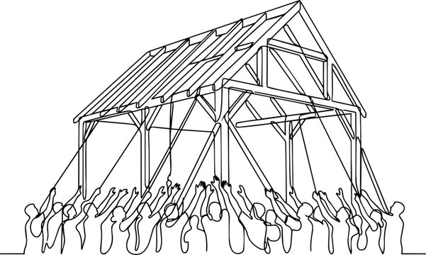 Continuous line rafters poles arms community collaboration vector
